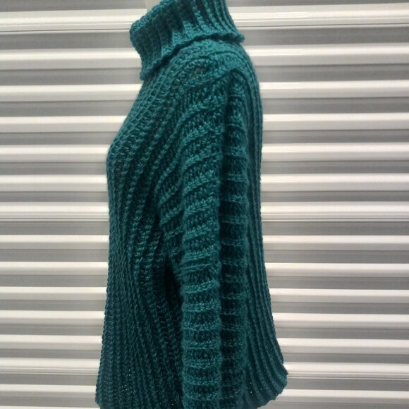 Handmade Chunky Sweater Womens Small Teal Crochet Cowlneck Oversized - Picture 4 of 4